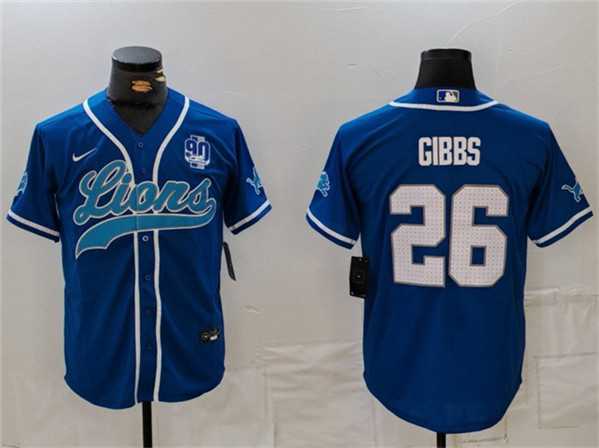 Men%27s Detroit Lions #26 Jahmyr Gibbs Blue With 90th Anniversary Patch Cool Base Stitched Baseball Jersey